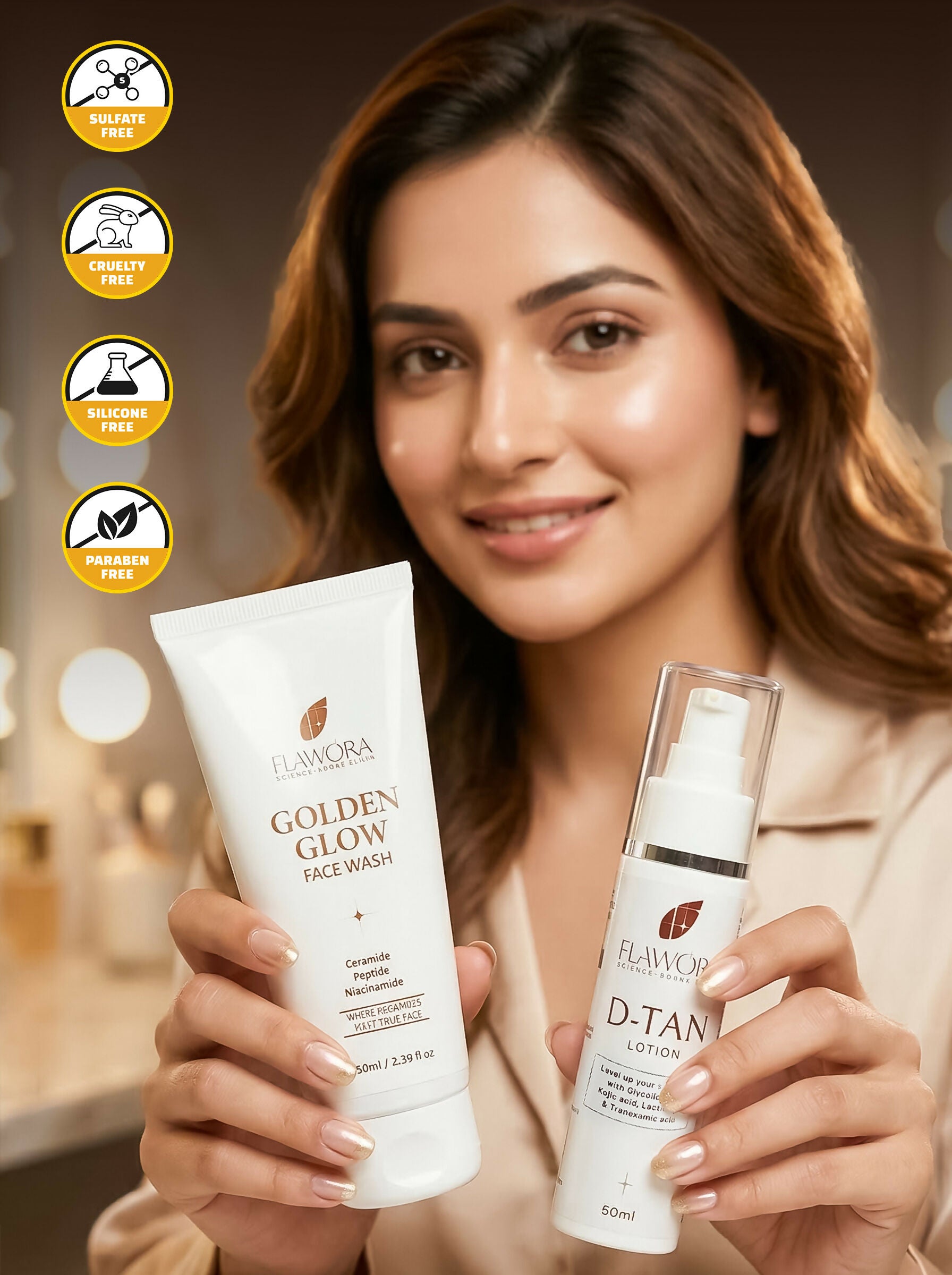 Flawora Set of Golden Glow Face Wash and D-Tan Lotion - Dista