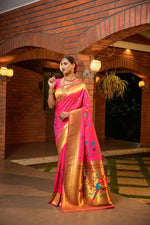 Thumbnail for Jyoti Fashion Women's Baby Pink Paithani Silk Zari Woven Saree with Blouse - Distacart