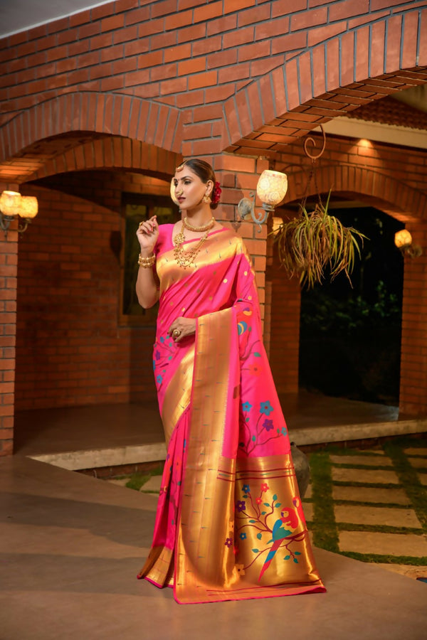 Jyoti Fashion Women's Baby Pink Paithani Silk Zari Woven Saree with Blouse - Distacart