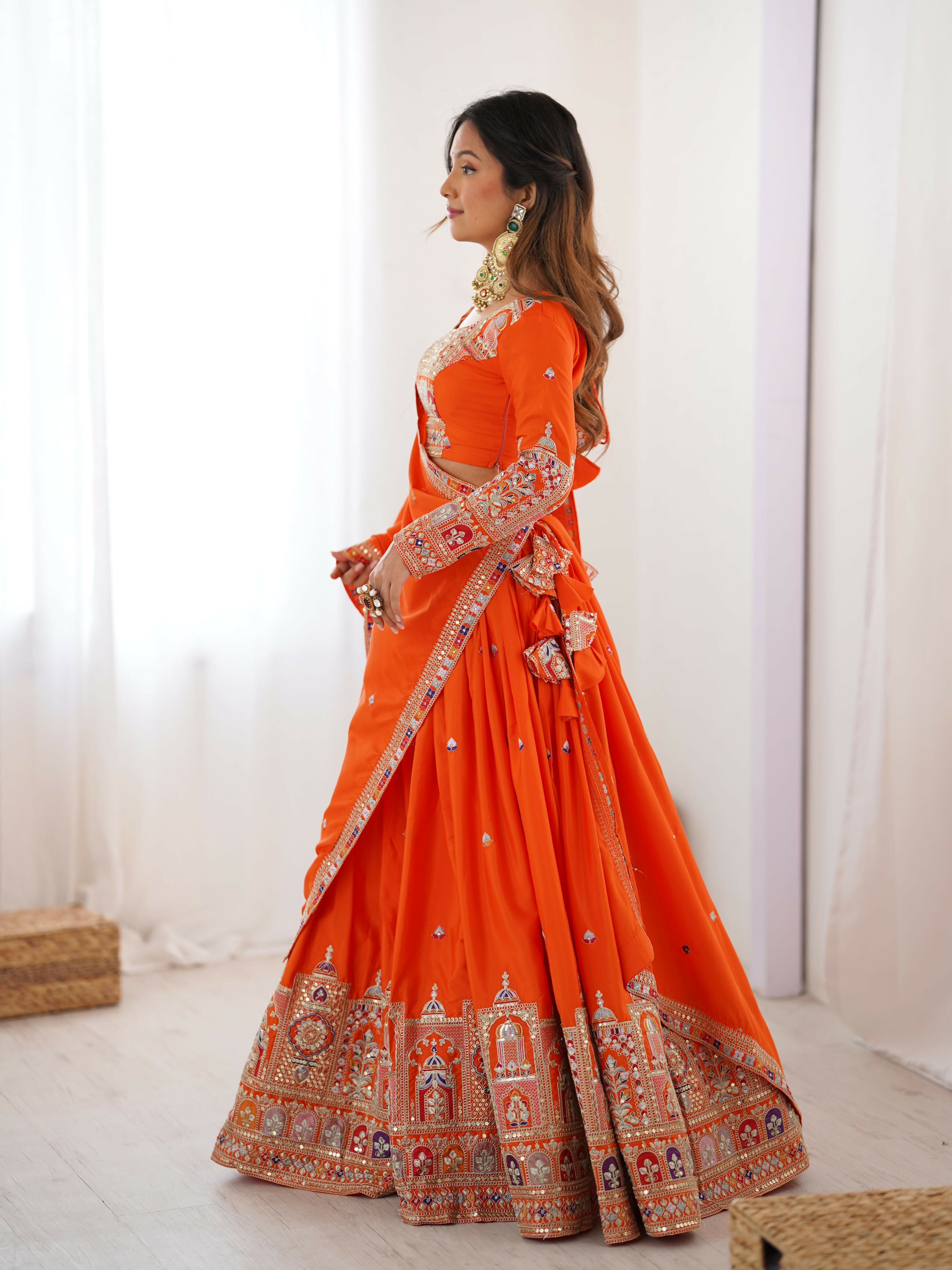Joban Fashion orange Lehenga Crepe silk Coding Dori with Sequence with Rivet Moti