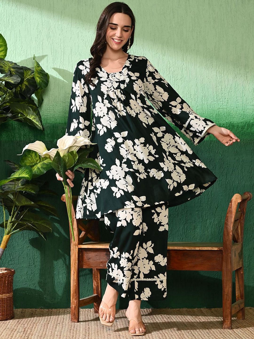 Sangria Printed A-Line Kurti With Trouser