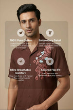 Thumbnail for Solvra — Brown Floral Embroidered Cotton Shirt by Hilo Design - Dista