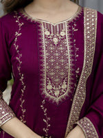 Thumbnail for The52 Wine Beautiful Embroidered Vichitra Silk Fabric Straight Kurta, Palazzo and Dupatta Set - Distacart