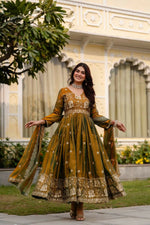 Thumbnail for Teeya Creation Mehendi Primium Fendy Satin Silk Embroidery Work Wedding Wear Gown - Distacart
