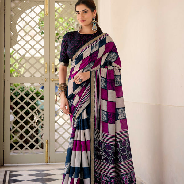 Vastranavya Navy Blue Viscose Chanderi Printed with Temple Border Saree & Unstitched Blouse - Distacart