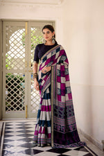 Thumbnail for Vastranavya Navy Blue Viscose Chanderi Printed with Temple Border Saree & Unstitched Blouse - Distacart