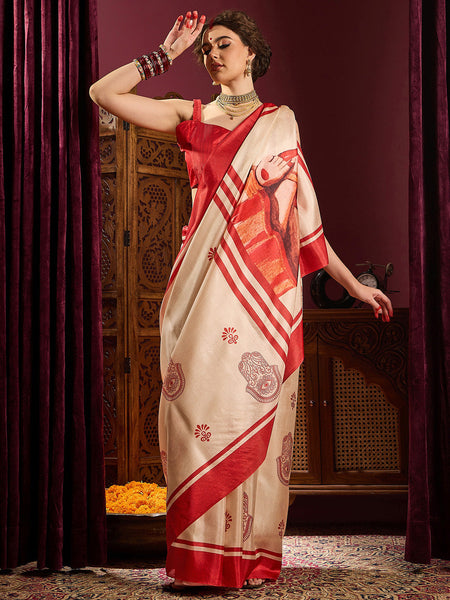 NOZ2TOZ Women's Silk Blend Off White Printed Celebrity Saree With Blouse Piece - Distacart