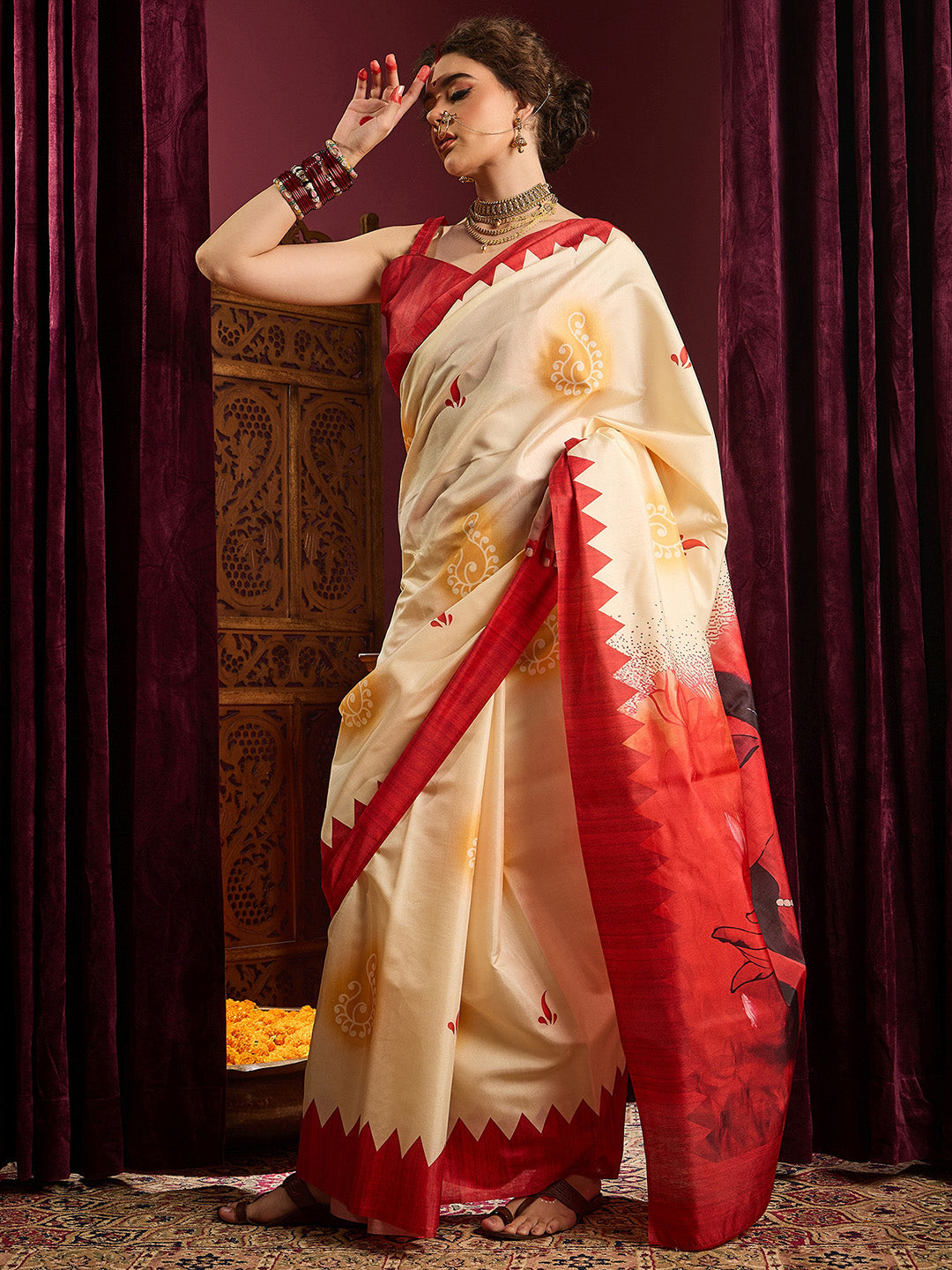 NOZ2TOZ Women's Silk Blend Off White Printed Celebrity Saree With Blouse Piece - Distacart