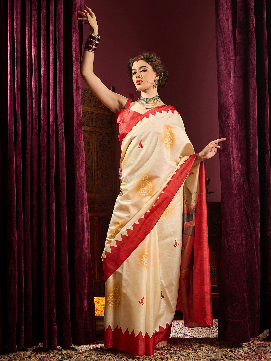 NOZ2TOZ Women's Silk Blend Off White Printed Celebrity Saree With Blouse Piece - Distacart