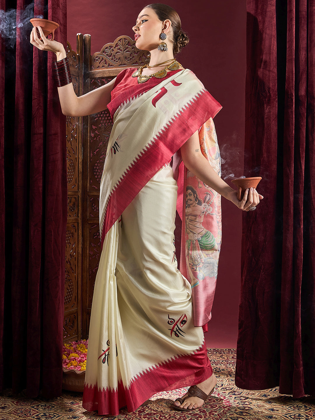 NOZ2TOZ Women's Silk Blend Off White Printed Celebrity Saree With Blouse Piece - Distacart