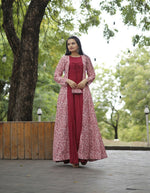 Thumbnail for Aastha Fashion Women's Maroon Designer Rayon Gown with Crochet Embroidery Work Shrug - Distacart