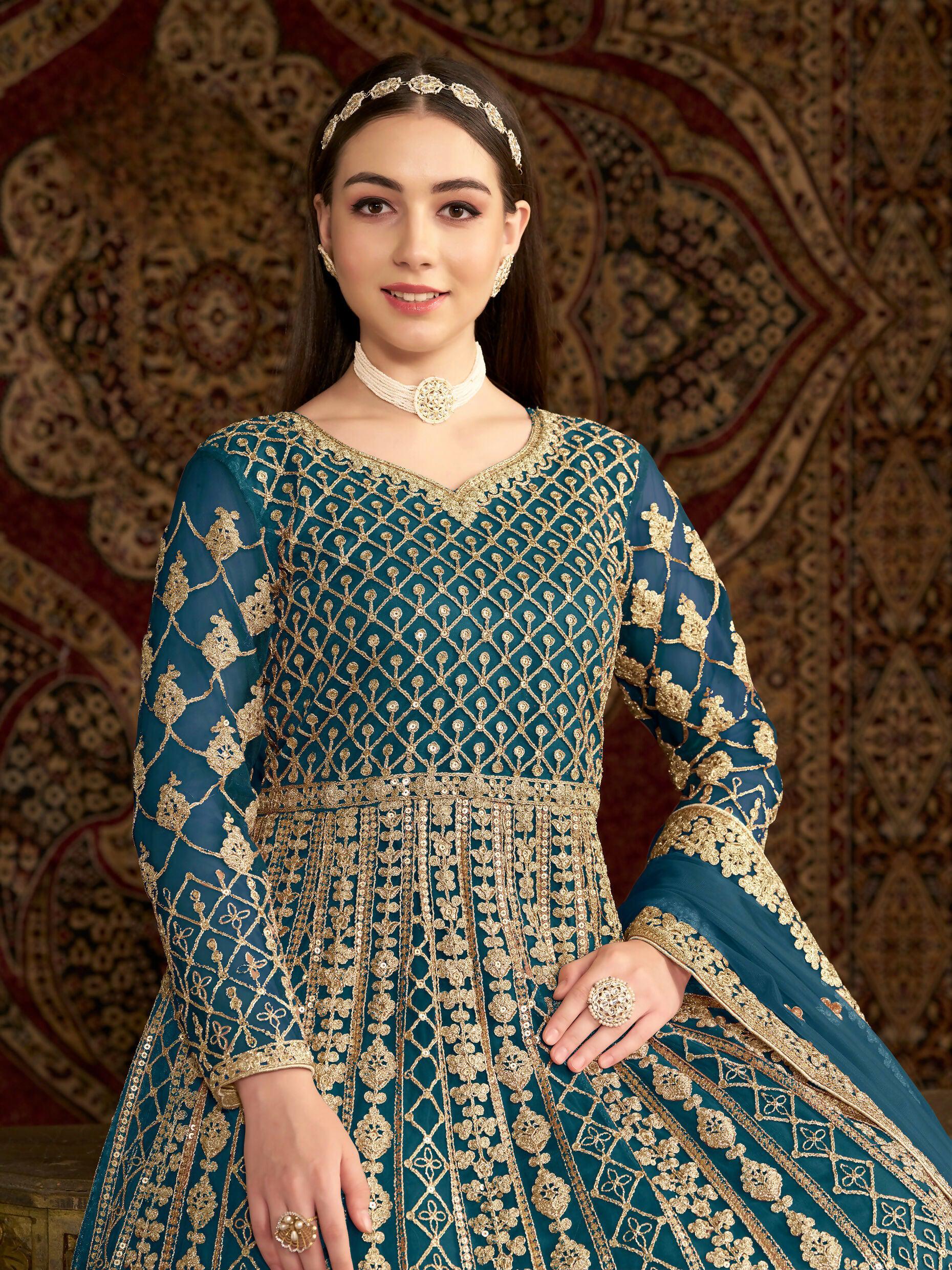 Anaita Teal Embroidered Net Anarkali Suit - Distacart