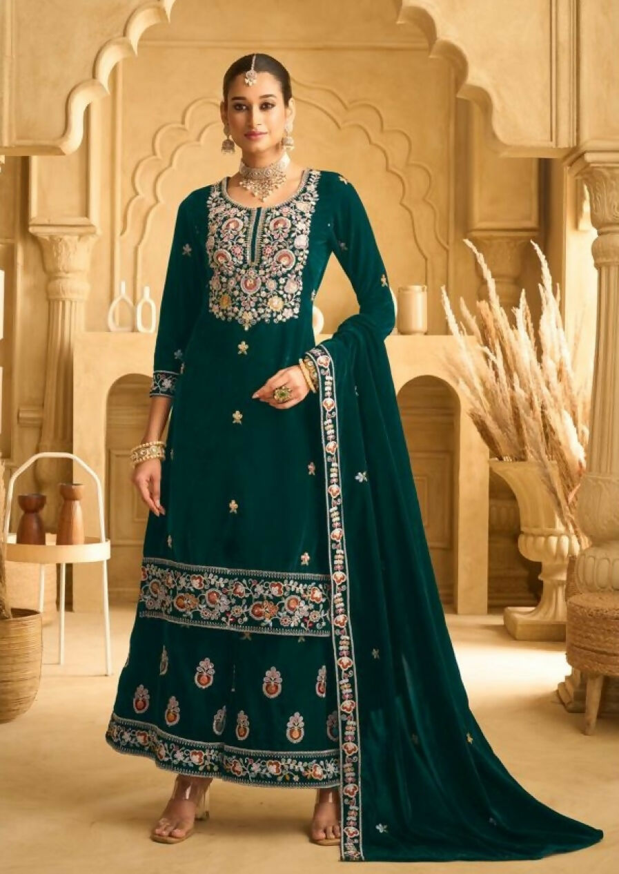 Anaita Dark Green Embroidered with Beads Velvet Stitched Plazo Suit - Distacart