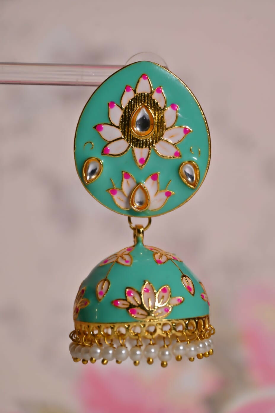 Sea Green Ethnic Enamel Meenakari Jhumki Earrings By House of Ree - Distacart