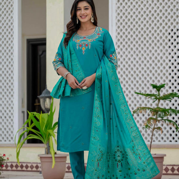 Lehenga Mart Designer Ready To Wear Kurta Pant With Dupatta For Women-Firozi - Distacart