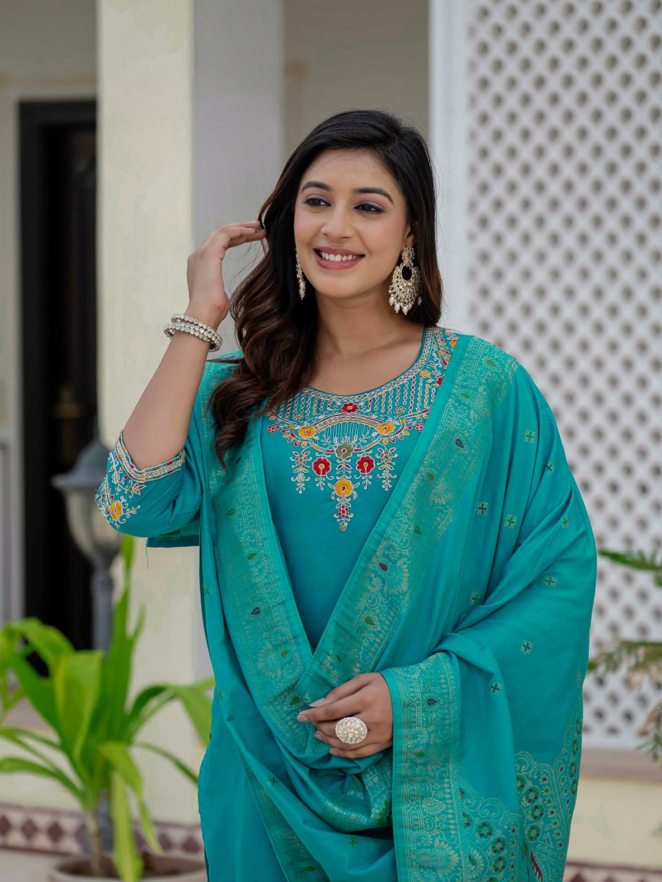 Lehenga Mart Designer Ready To Wear Kurta Pant With Dupatta For Women-Firozi - Distacart