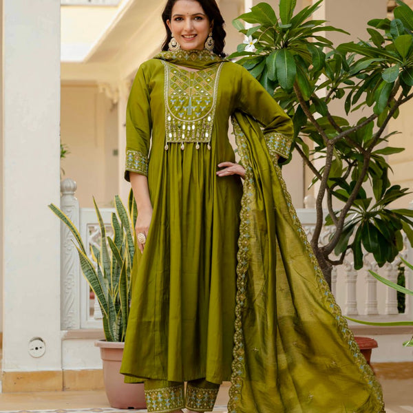 Lehenga Mart Designer Anarkali Suit Ready To Wear Kurta Pant With Dupatta For Women-Mehendi Green - Distacart