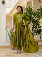 Thumbnail for Lehenga Mart Designer Anarkali Suit Ready To Wear Kurta Pant With Dupatta For Women-Mehendi Green - Distacart