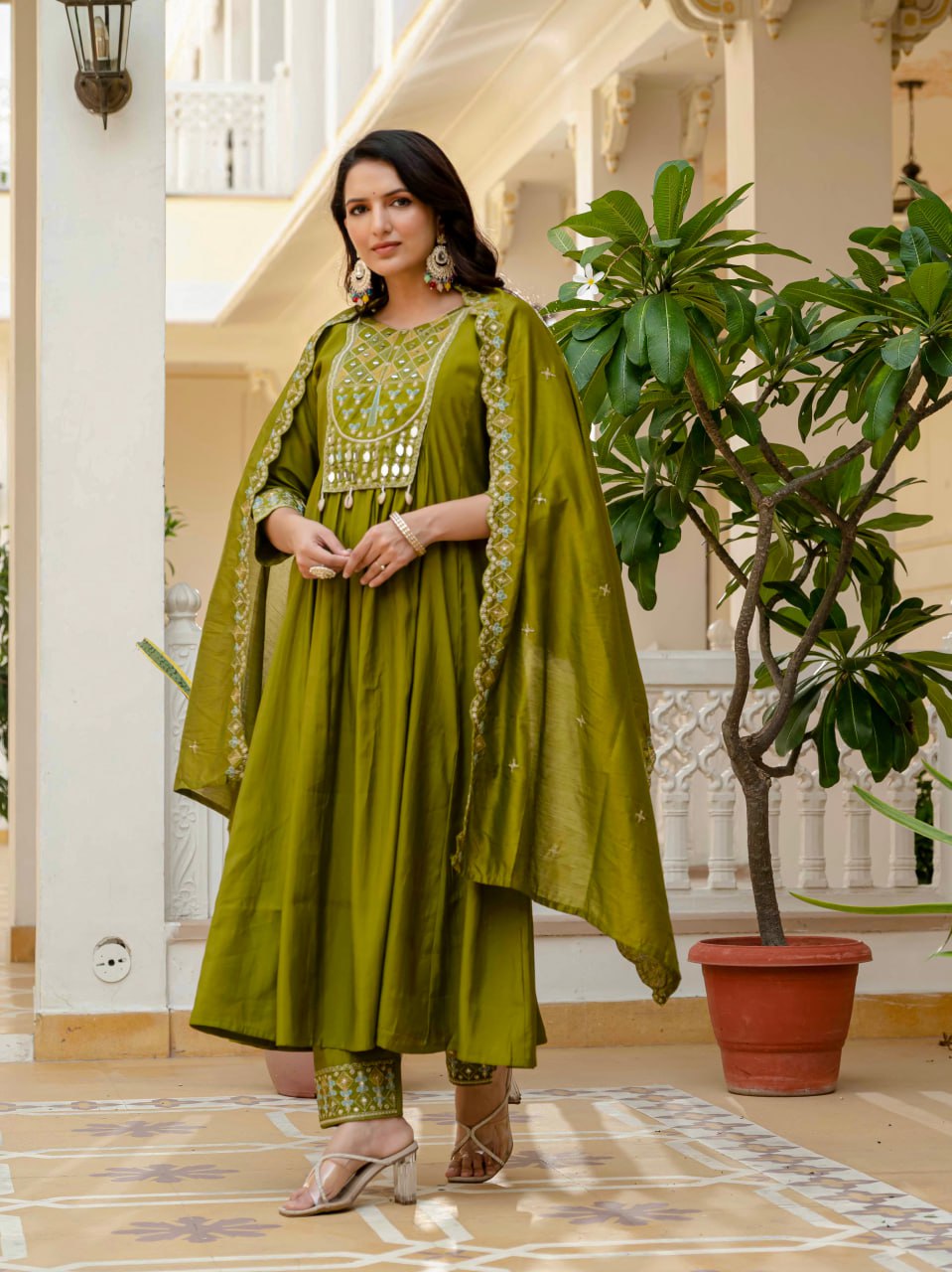 Lehenga Mart Designer Anarkali Suit Ready To Wear Kurta Pant With Dupatta For Women-Mehendi Green - Distacart