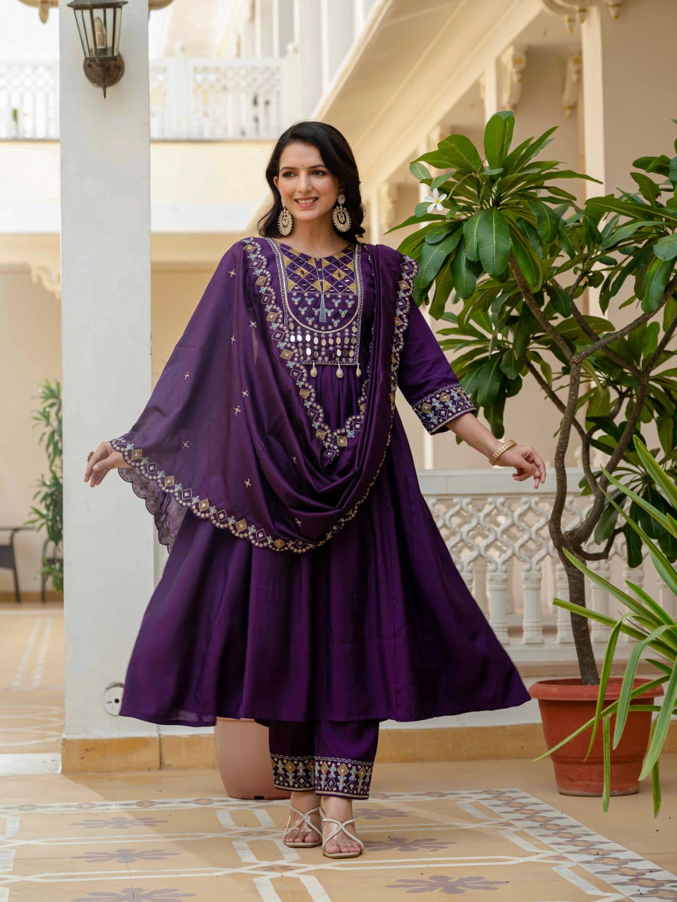 Lehenga Mart Designer Anarkali Suit Ready To Wear Kurta Pant With Dupatta For Women-Purple - Distacart
