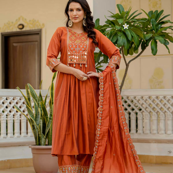 Lehenga Mart Designer Anarkali Suit Ready To Wear Kurta Pant With Dupatta For Women-Rust Orange - Distacart