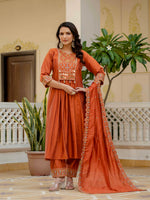Thumbnail for Lehenga Mart Designer Anarkali Suit Ready To Wear Kurta Pant With Dupatta For Women-Rust Orange - Distacart