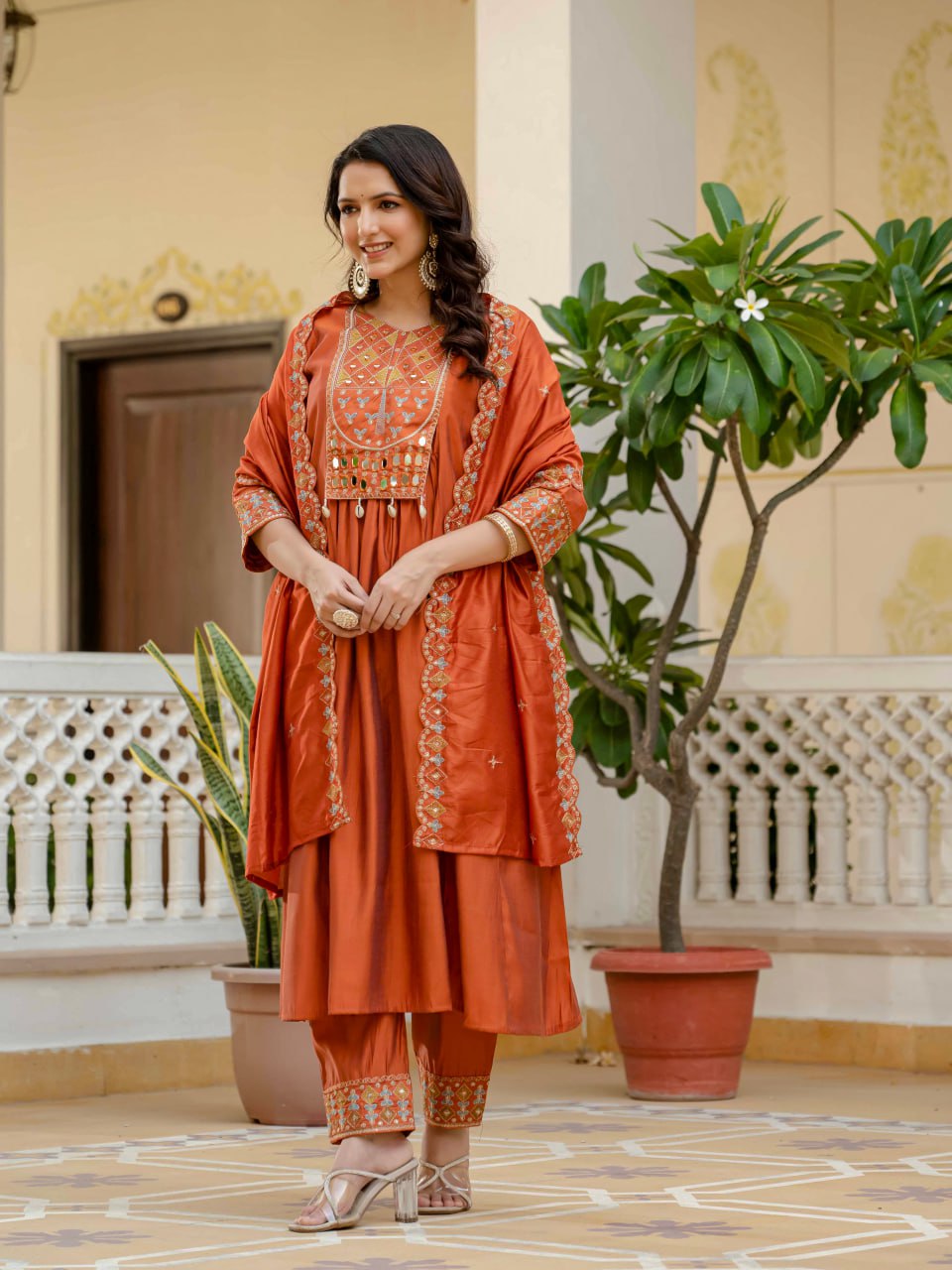 Lehenga Mart Designer Anarkali Suit Ready To Wear Kurta Pant With Dupatta For Women-Rust Orange - Distacart
