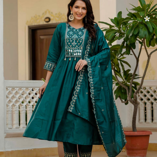 Lehenga Mart Designer Anarkali Suit Ready To Wear Kurta Pant With Dupatta For Women-Teal Green - Distacart