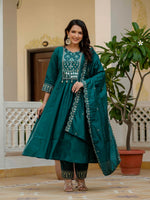 Thumbnail for Lehenga Mart Designer Anarkali Suit Ready To Wear Kurta Pant With Dupatta For Women-Teal Green - Distacart