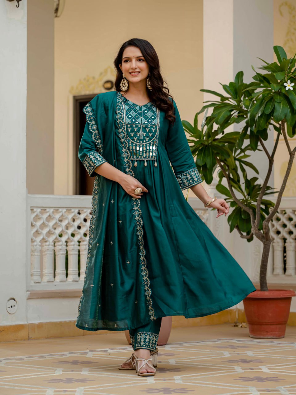 Lehenga Mart Designer Anarkali Suit Ready To Wear Kurta Pant With Dupatta For Women-Teal Green - Distacart