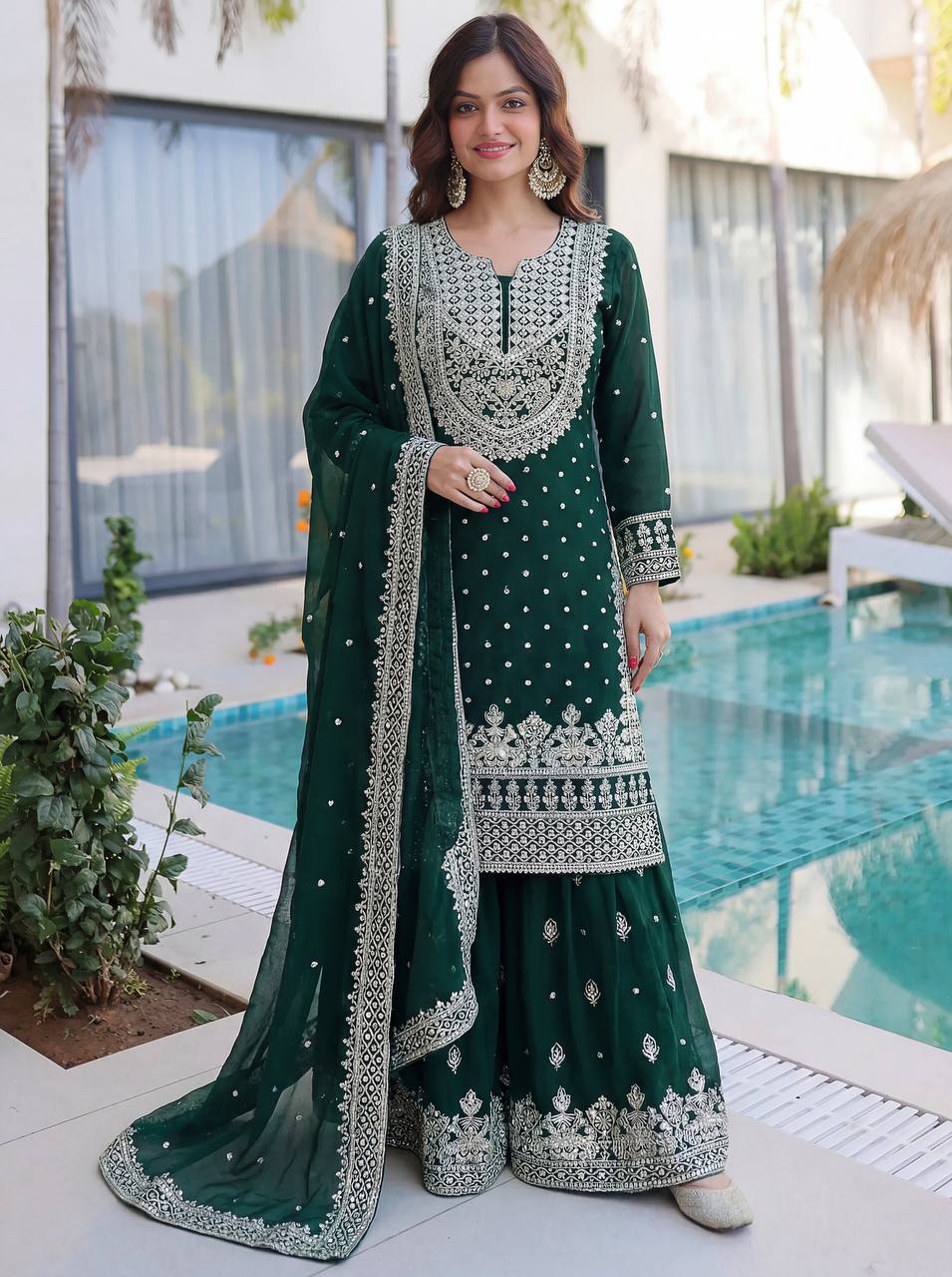 Lehenga Mart Designer Sharara Suit With Kurta Sharara Dupatta For Women-Dark Green - Dista