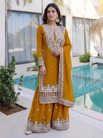 Lehenga Mart Designer Sharara Suit With Kurta Sharara Dupatta For Women-Mustard - Dista