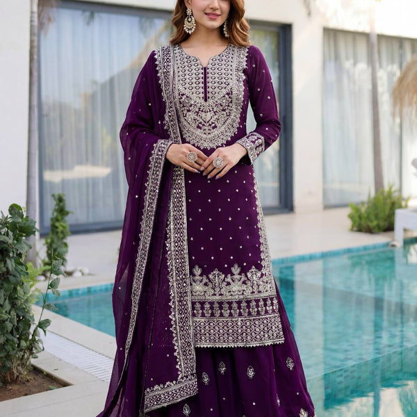 Lehenga Mart Designer Sharara Suit With Kurta Sharara Dupatta For Women-Purple - Dista
