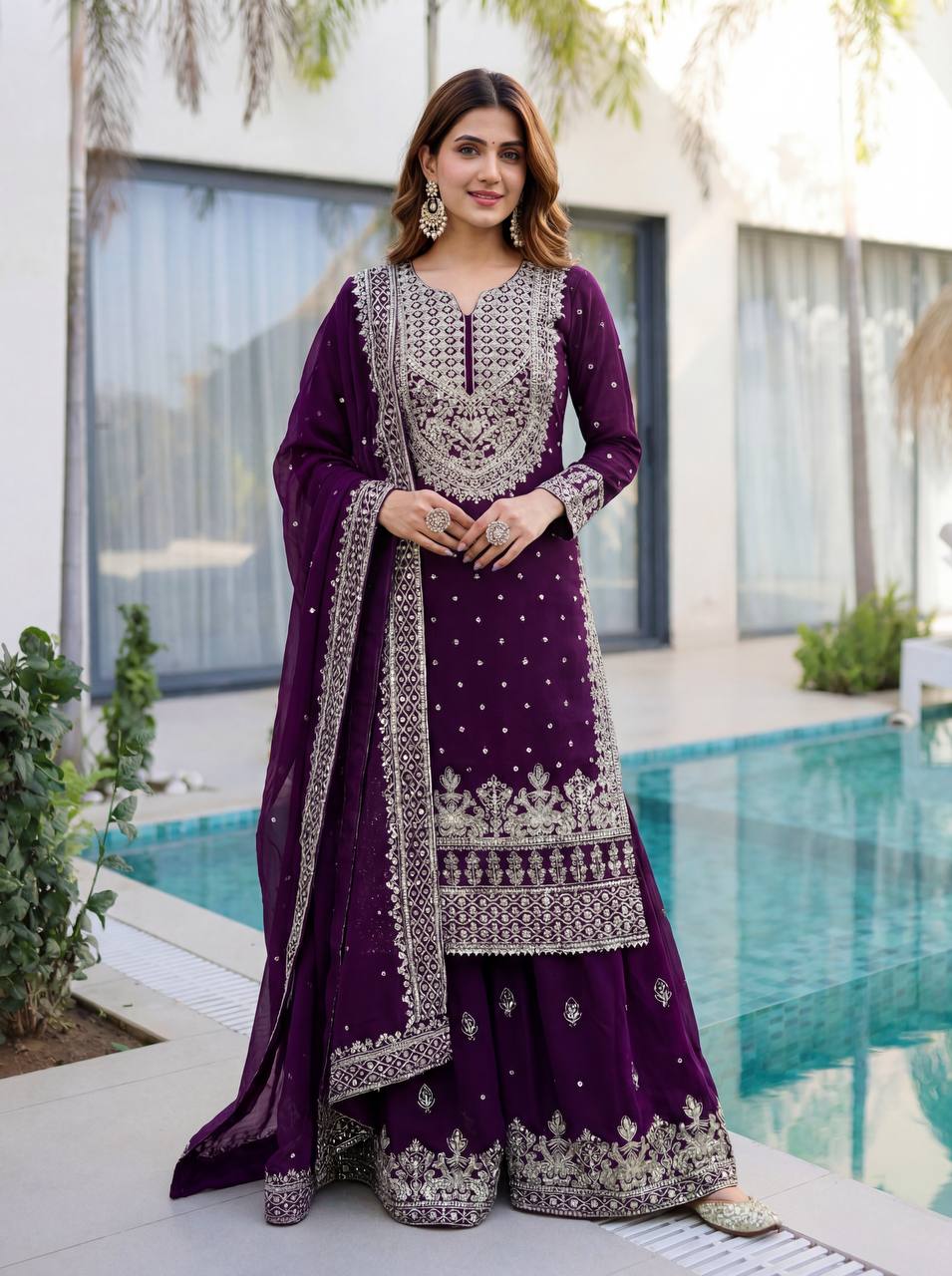 Lehenga Mart Designer Sharara Suit With Kurta Sharara Dupatta For Women-Purple - Dista