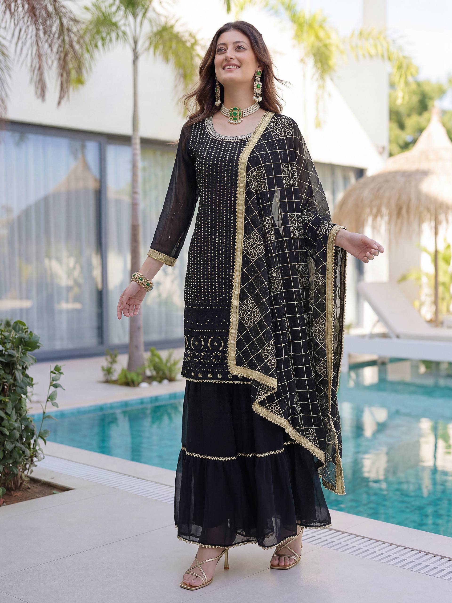 Lehenga Mart Designer Sharara Suit With Kurta Sharara Dupatta For Women-Black - Dista