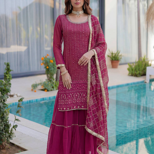 Lehenga Mart Designer Sharara Suit With Kurta Sharara Dupatta For Women-Pink - Dista