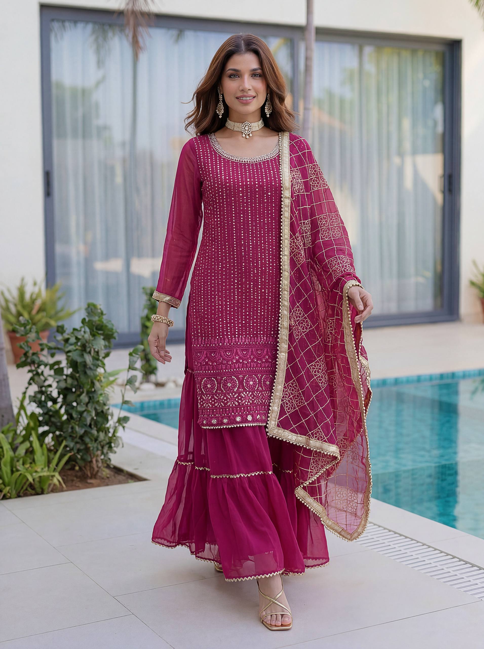 Lehenga Mart Designer Sharara Suit With Kurta Sharara Dupatta For Women-Pink - Dista