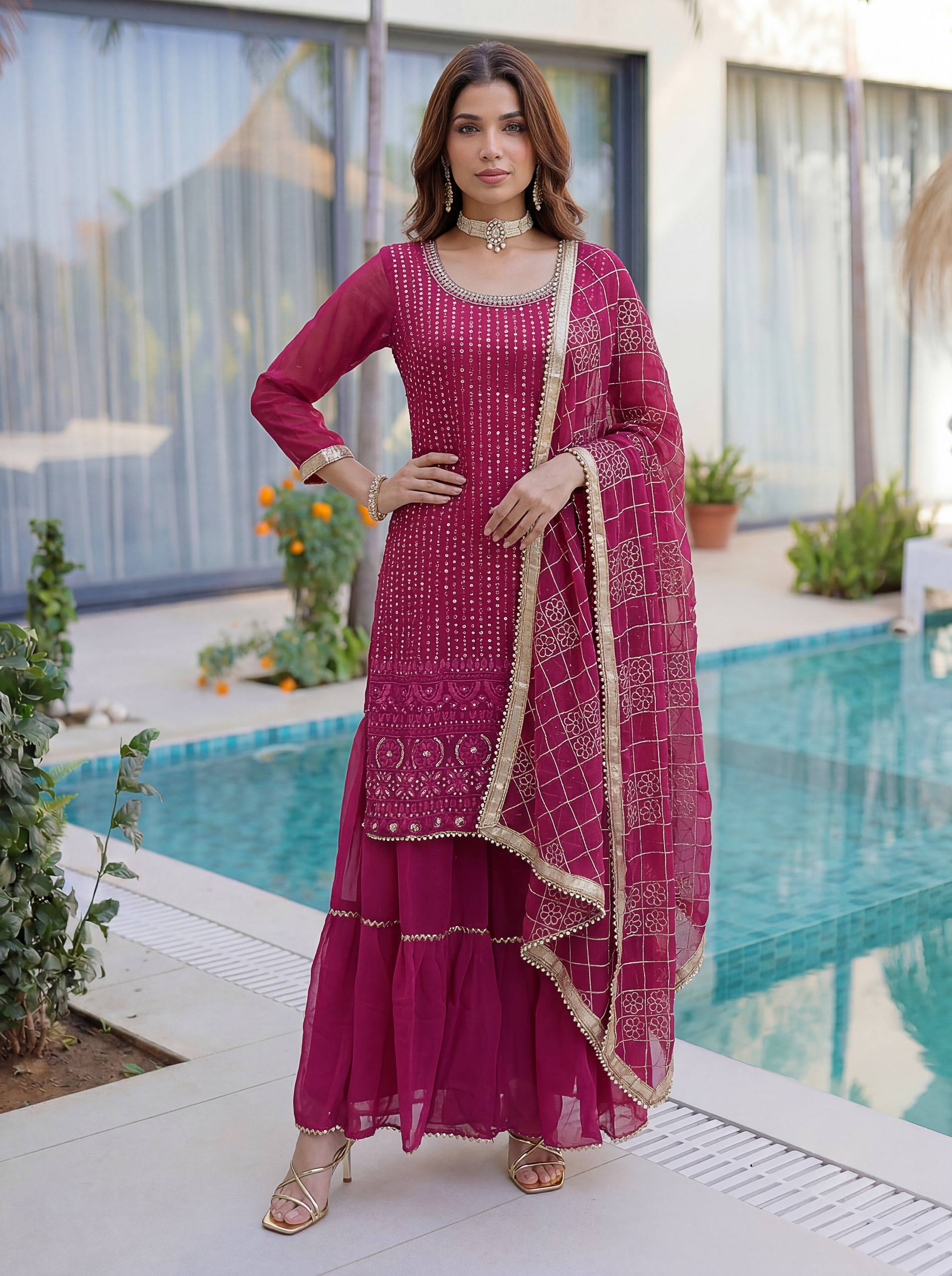 Lehenga Mart Designer Sharara Suit With Kurta Sharara Dupatta For Women-Pink - Dista