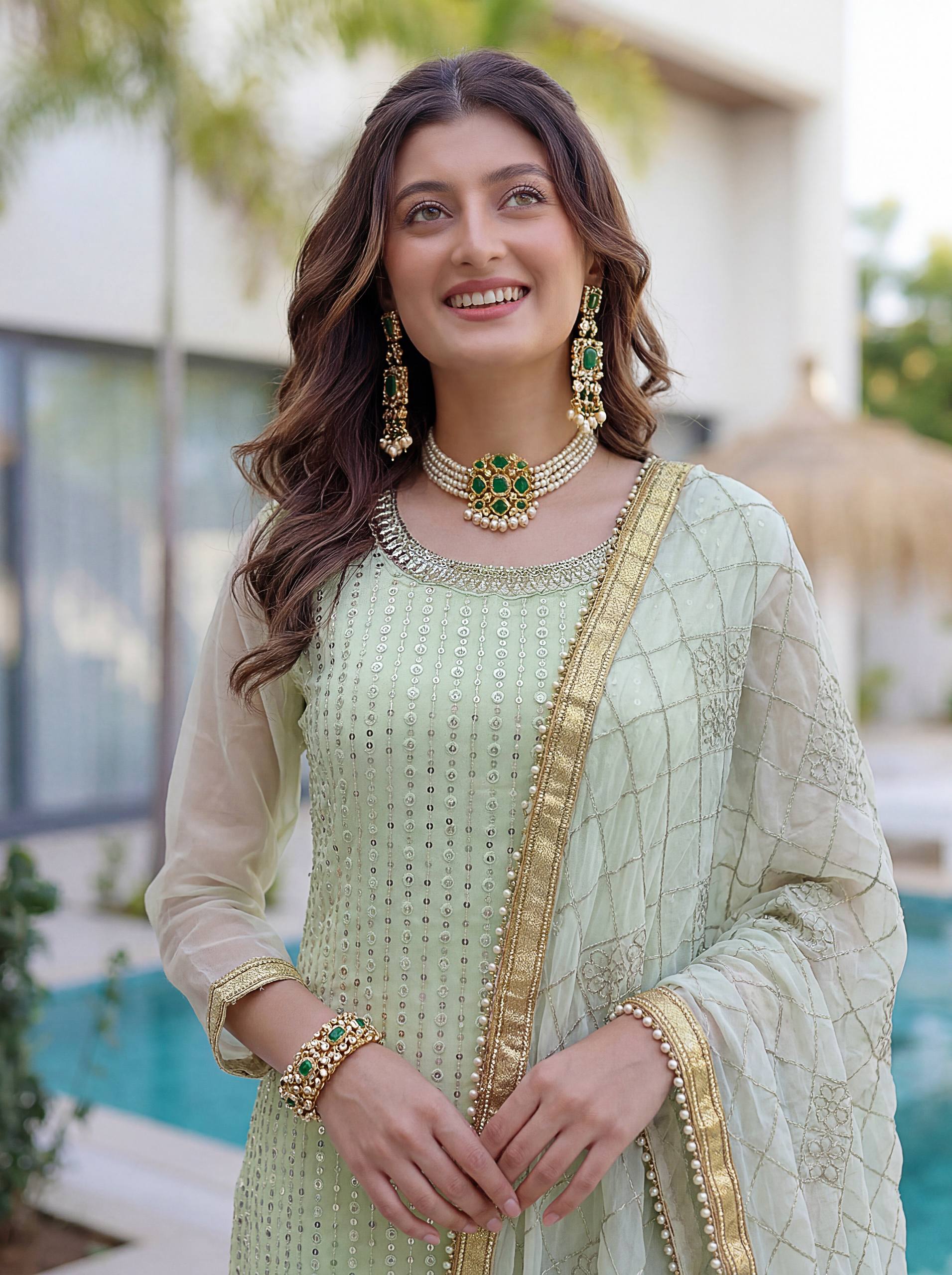 Lehenga Mart Designer Sharara Suit With Kurta Sharara Dupatta For Women-Pista - Dista