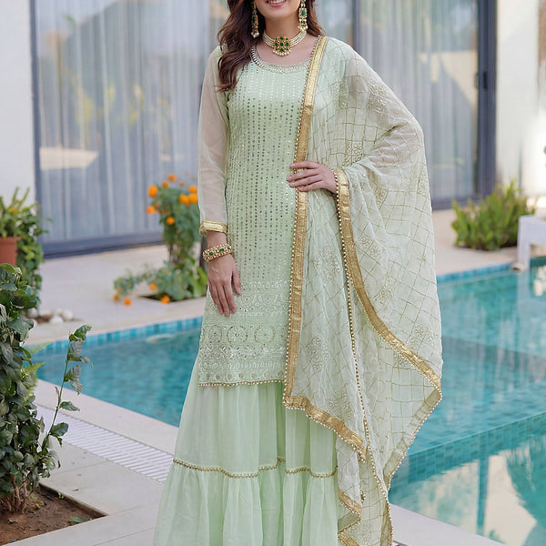 Lehenga Mart Designer Sharara Suit With Kurta Sharara Dupatta For Women-Pista - Dista