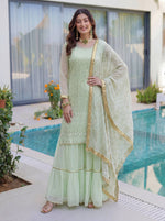 Thumbnail for Lehenga Mart Designer Sharara Suit With Kurta Sharara Dupatta For Women-Pista - Dista