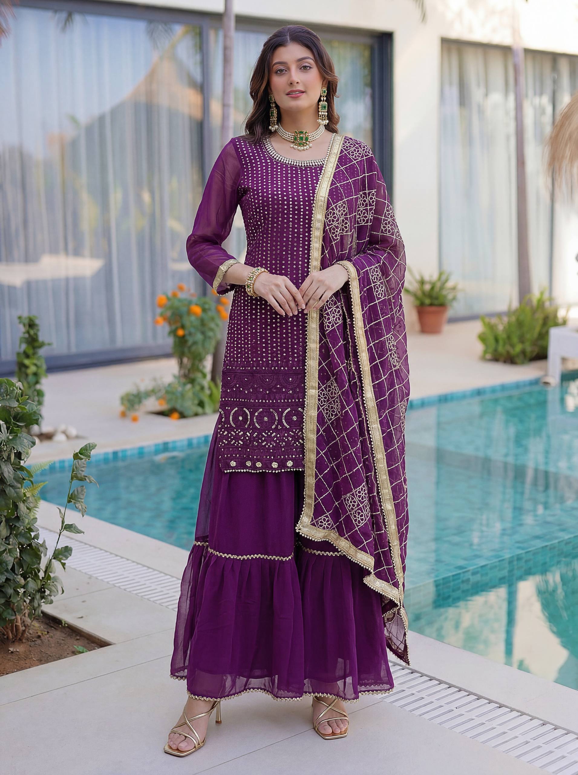 Lehenga Mart Designer Sharara Suit With Kurta Sharara Dupatta For Women-Purple - Dista