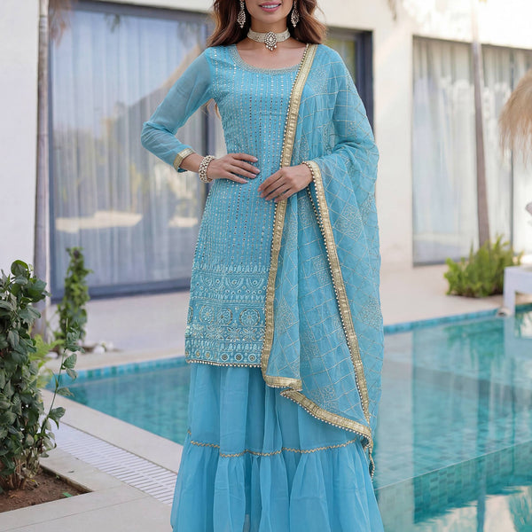 Lehenga Mart Designer Sharara Suit With Kurta Sharara Dupatta For Women-Sky Blue - Dista