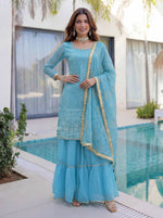 Thumbnail for Lehenga Mart Designer Sharara Suit With Kurta Sharara Dupatta For Women-Sky Blue - Dista