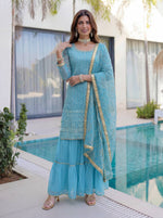 Thumbnail for Lehenga Mart Designer Sharara Suit With Kurta Sharara Dupatta For Women-Sky Blue - Dista