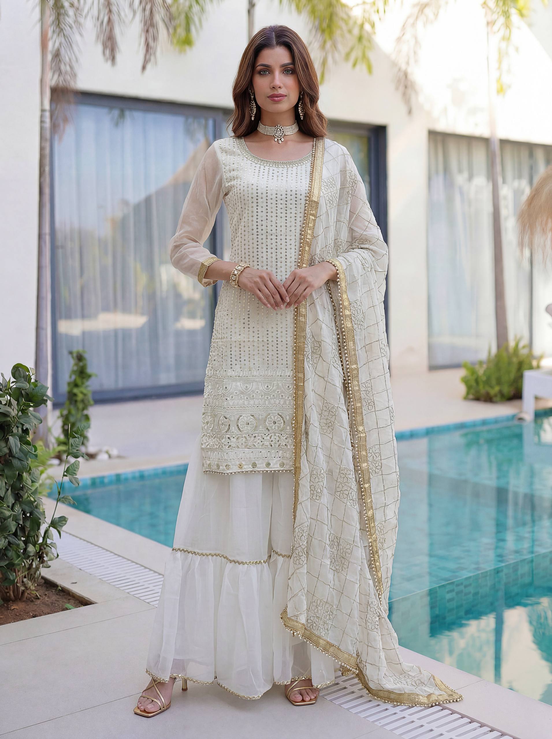 Lehenga Mart Designer Sharara Suit With Kurta Sharara Dupatta For Women-White - Dista