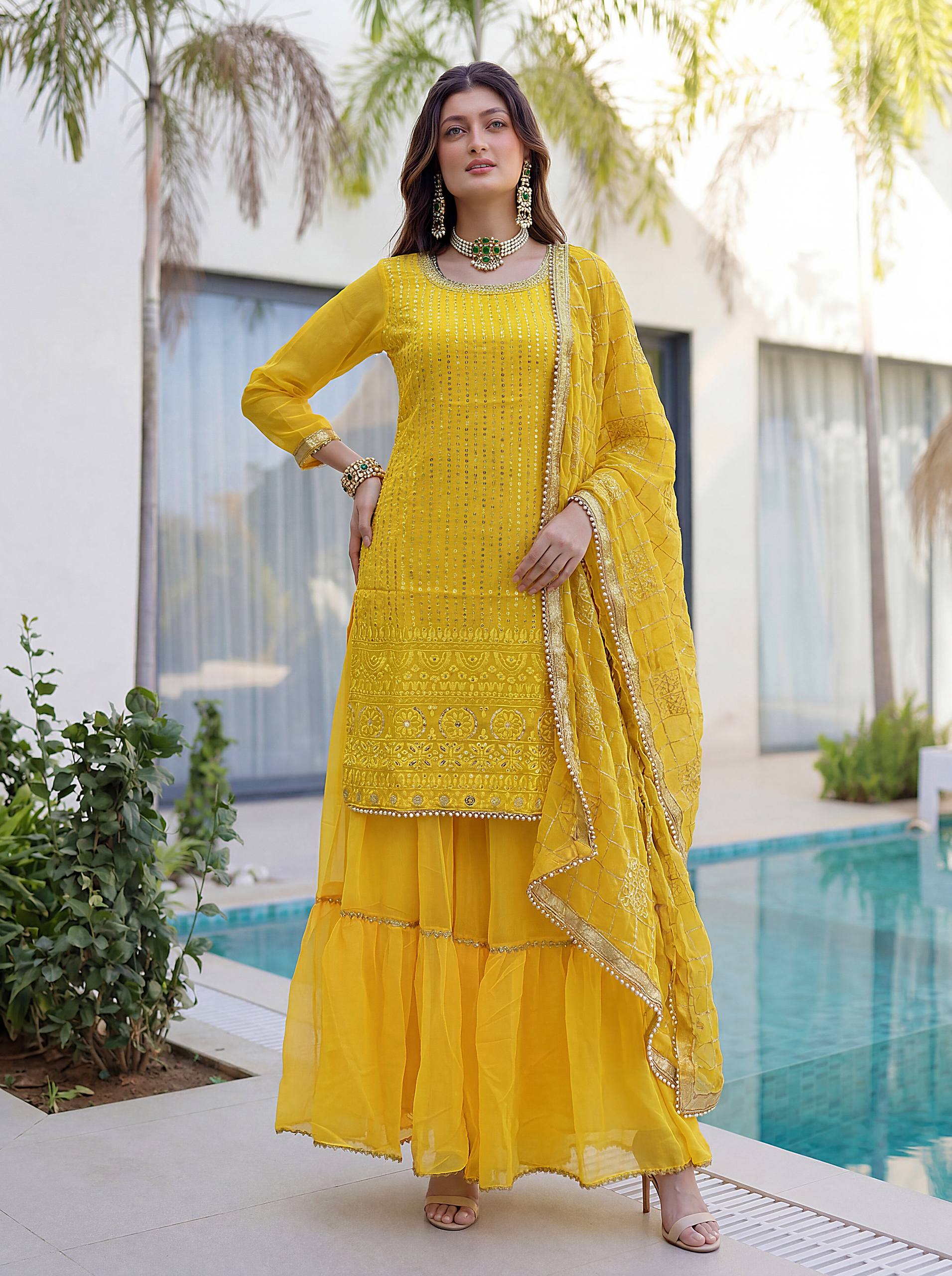 Lehenga Mart Designer Sharara Suit With Kurta Sharara Dupatta For Women-Yellow - Dista