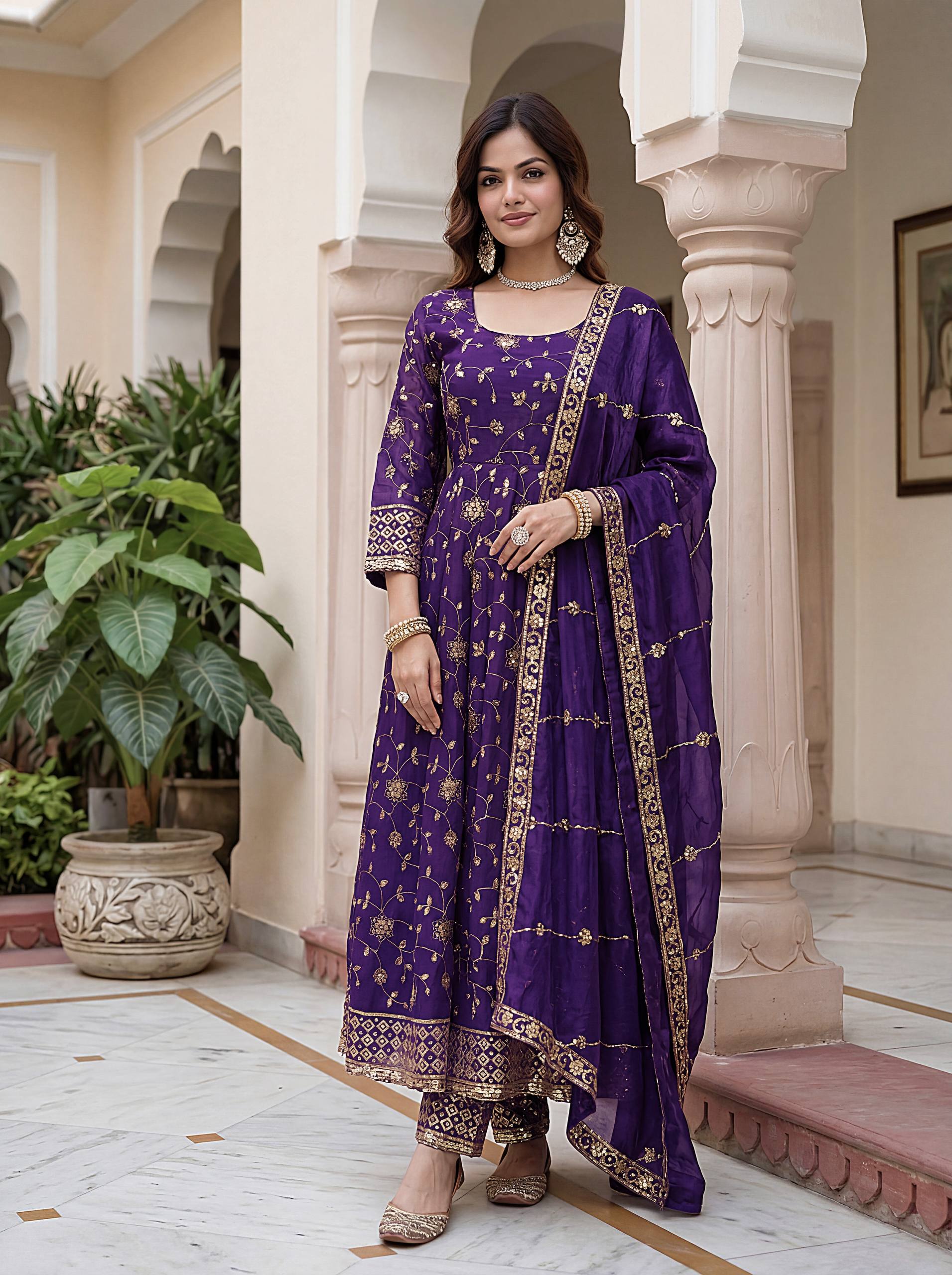 Lehenga Mart Designer Anarkali Suit With Kurta Pant Dupatta For Women-Purple - Dista