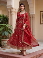 Thumbnail for Lehenga Mart Designer Anarkali Suit With Kurta Pant Dupatta For Women-Red - Dista