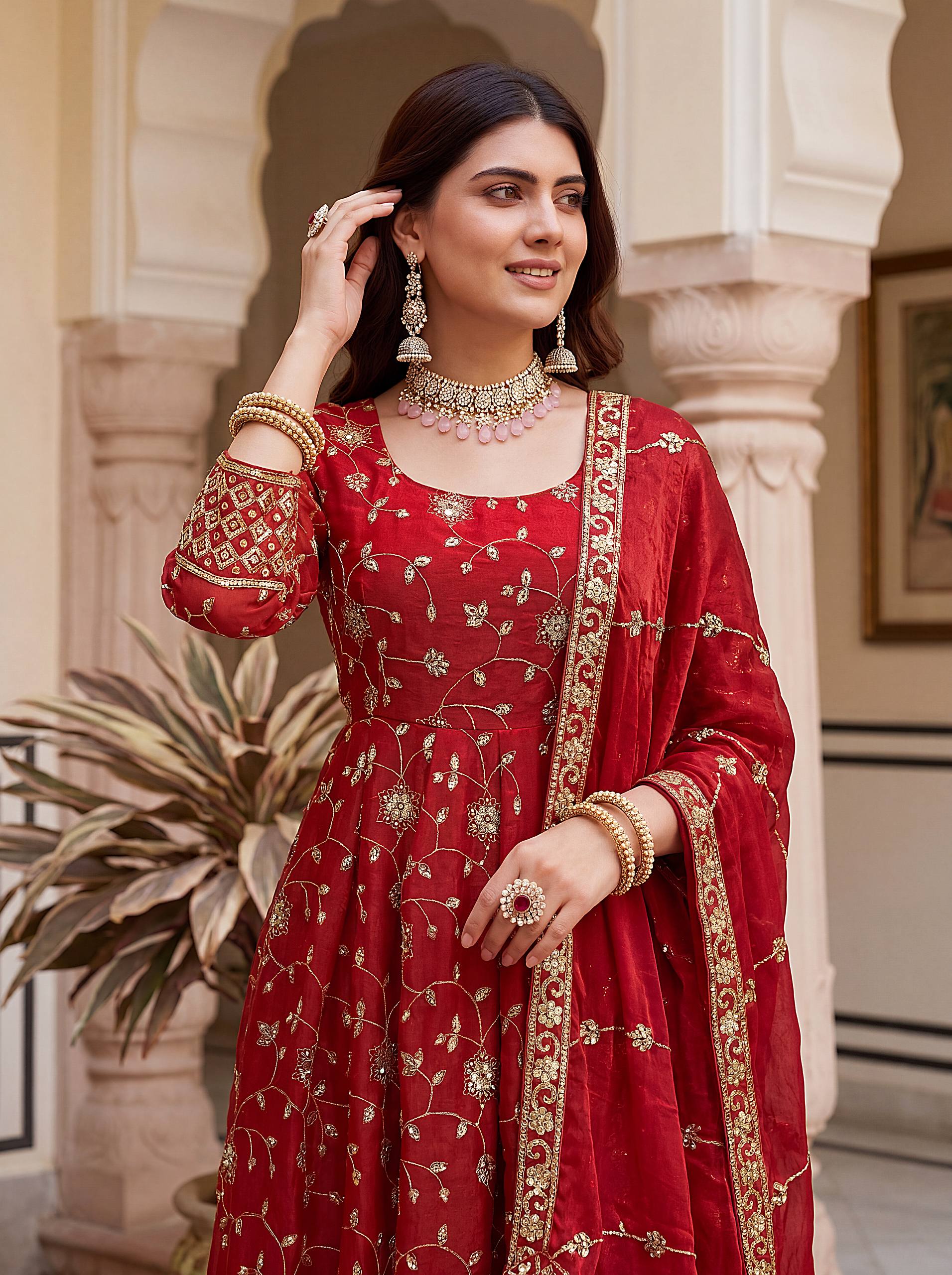 Lehenga Mart Designer Anarkali Suit With Kurta Pant Dupatta For Women-Red - Dista